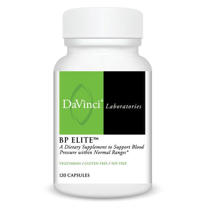 A bottle of DaVinci Labs BP Elite, a dietary supplement to support blood pressure within normal ranges, containing 120 capsules.
