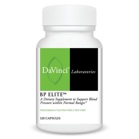 A bottle of DaVinci Labs BP Elite, a dietary supplement to support blood pressure within normal ranges, containing 120 capsules.