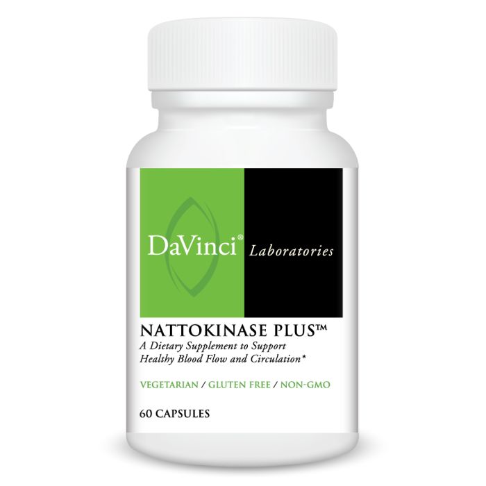 A bottle of Davinci Labs Nattokinase Plus, a dietary supplement designed to support healthy blood flow and circulation, containing 60 capsules.