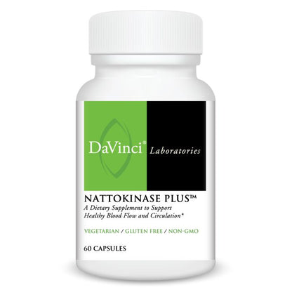 A bottle of Davinci Labs Nattokinase Plus, a dietary supplement designed to support healthy blood flow and circulation, containing 60 capsules.