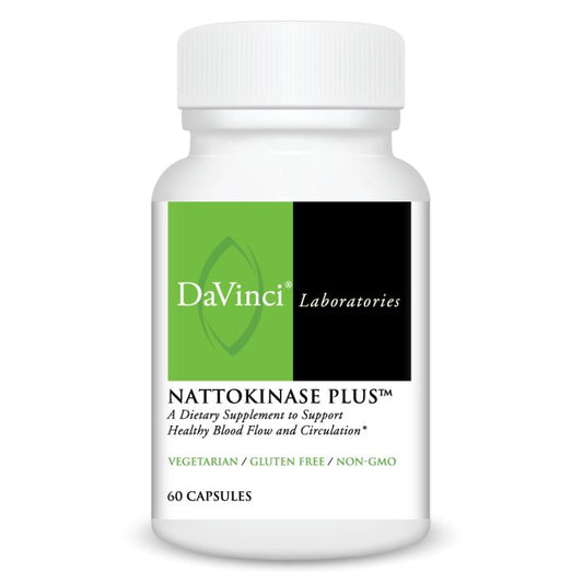 A bottle of Davinci Labs Nattokinase Plus, a dietary supplement designed to support healthy blood flow and circulation, containing 60 capsules.
