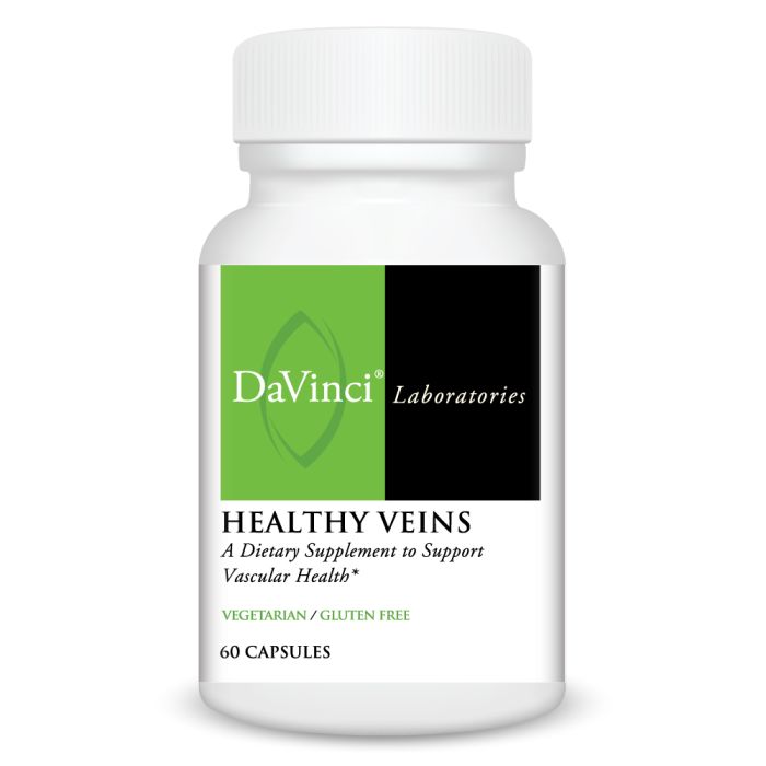 A bottle of DaVinci Laboratories Healthy Veins dietary supplement with 60 capsules, focused on supporting vascular health.
