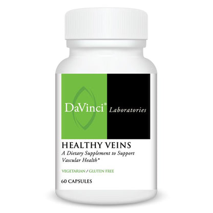 A bottle of DaVinci Laboratories Healthy Veins dietary supplement with 60 capsules, focused on supporting vascular health.