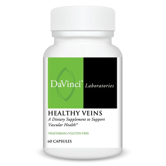 A bottle of DaVinci Laboratories Healthy Veins dietary supplement with 60 capsules, focused on supporting vascular health.