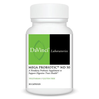 A bottle of DaVinci Laboratories Mega Probiotic ND 50, with 30 capsules, labeled as vegetarian and gluten-free.
