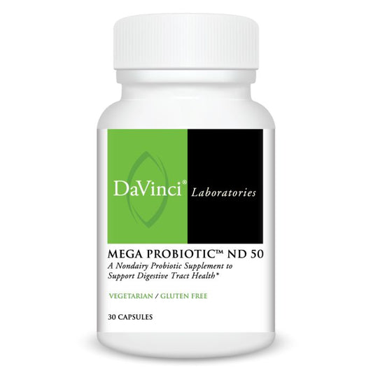 A bottle of DaVinci Laboratories Mega Probiotic ND 50, with 30 capsules, labeled as vegetarian and gluten-free.