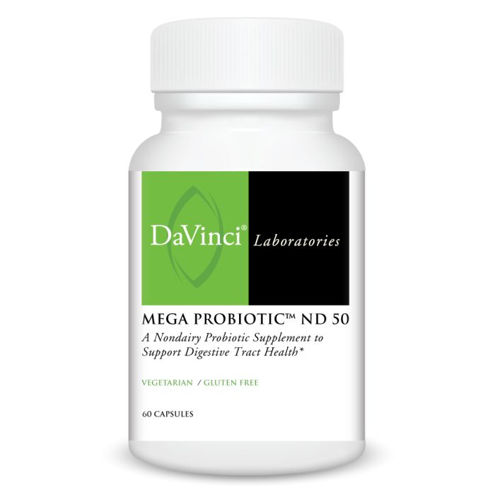 White supplement bottle labeled 'Mega Probiotic ND 50' by DaVinci Laboratories on a white background