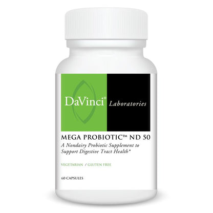 White supplement bottle labeled 'Mega Probiotic ND 50' by DaVinci Laboratories on a white background