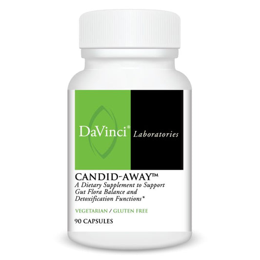 A bottle of DaVinci Laboratories Candid-Away, a dietary supplement to support gut flora balance and detoxification functions, with 90 capsules.