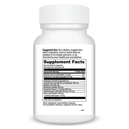 White supplement bottle with black text on a white background