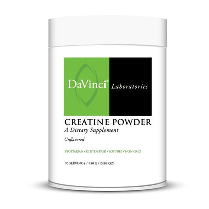 A container of Davinci Labs Creatine Powder, labeled as a dietary supplement, unflavored, with 90 servings.