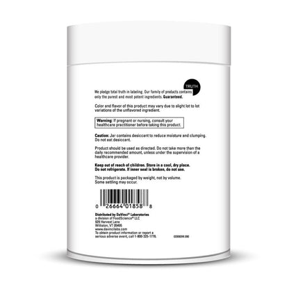 Back label of a white container with text and a barcode on a white background