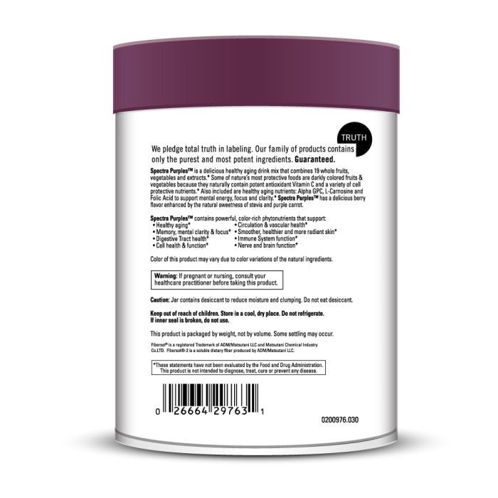 Back label of a purple container with text and a barcode on a white background