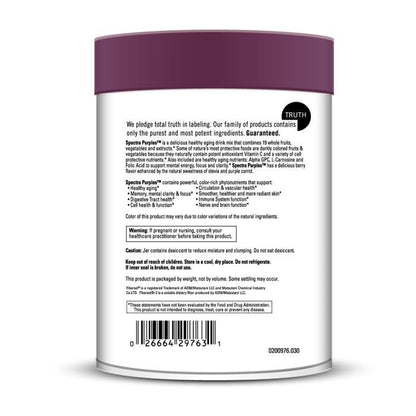 Back label of a purple container with text and a barcode on a white background