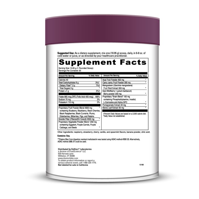 Supplement container with purple lid and white label displaying supplement facts on a white background