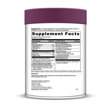 Supplement container with purple lid and white label displaying supplement facts on a white background