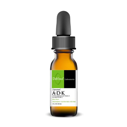 Bottle of liposomal A-D-K supplement with dropper on white background