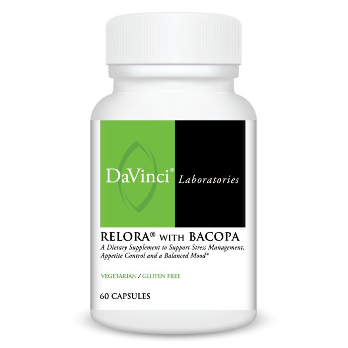 A bottle of Davinci Labs Relora With Bacopa, containing 60 capsules for stress management, appetite control, and mood balance.