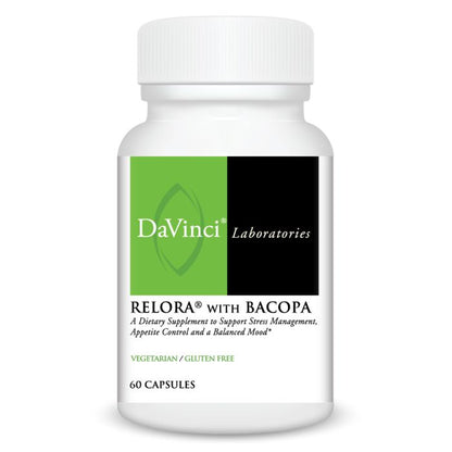 DaVinci Laboratories RELORA with Bacopa supplement bottle on a white background