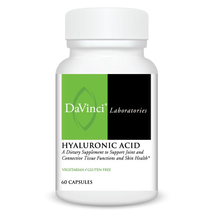 A bottle of DaVinci Laboratories Hyaluronic Acid dietary supplement with 60 capsules, labeled for supporting joint and connective tissue health.