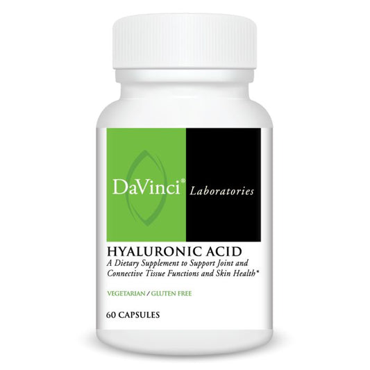 A bottle of DaVinci Laboratories Hyaluronic Acid dietary supplement with 60 capsules, labeled for supporting joint and connective tissue health.
