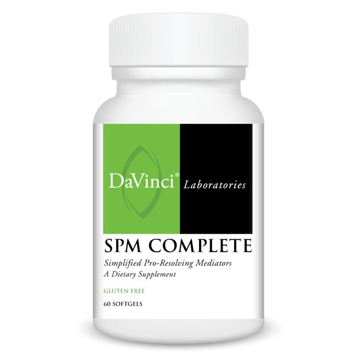 A bottle of DaVinci Laboratories SPM Complete, a dietary supplement with a green and black label, indicating it is gluten free and has 60 softgels.
