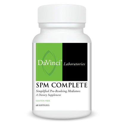 A bottle of DaVinci Laboratories SPM Complete, a dietary supplement with a green and black label, indicating it is gluten free and has 60 softgels.
