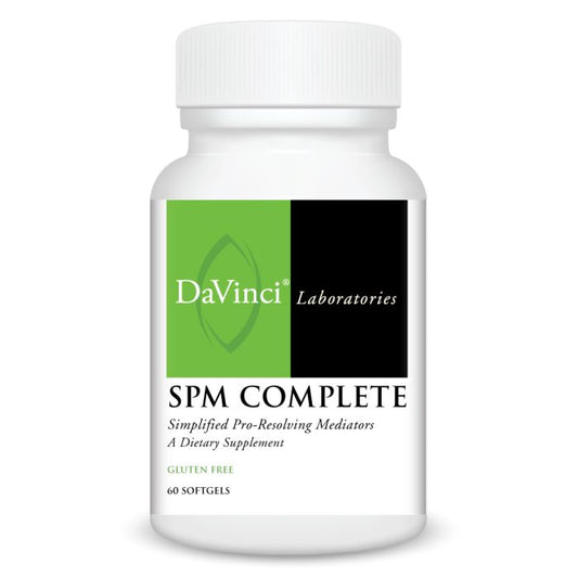 A bottle of DaVinci Laboratories SPM Complete, a dietary supplement with a green and black label, indicating it is gluten free and has 60 softgels.