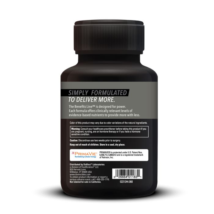 Black supplement bottle with label on a white background