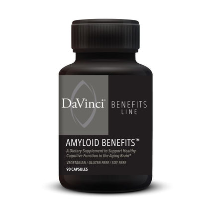 A bottle of DaVinci Laboratories Amyloid Benefits dietary supplement with 90 capsules, labeled as supporting healthy cognitive function in the aging brain.