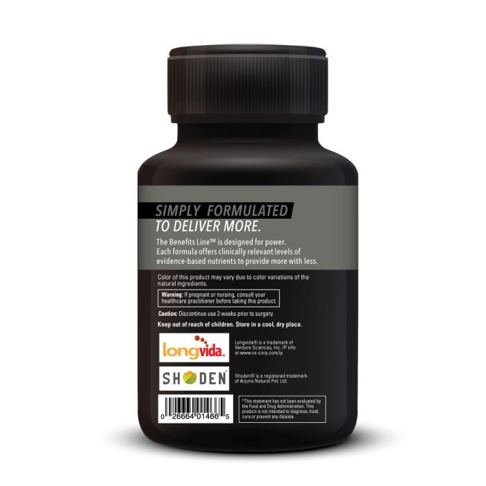 Black supplement bottle with label on a white background