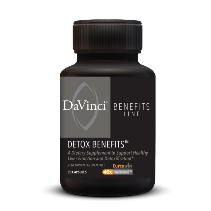 A bottle of Davinci Labs Detox Benefits, containing 90 capsules for supporting liver function and detoxification.