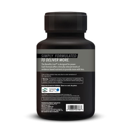 Black supplement bottle with text on a white background