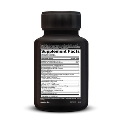 Black supplement bottle with white label displaying 'Supplement Facts' on a white background