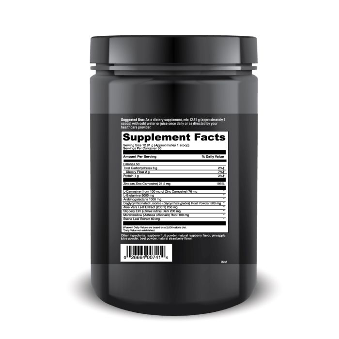 Black supplement container with label on white background