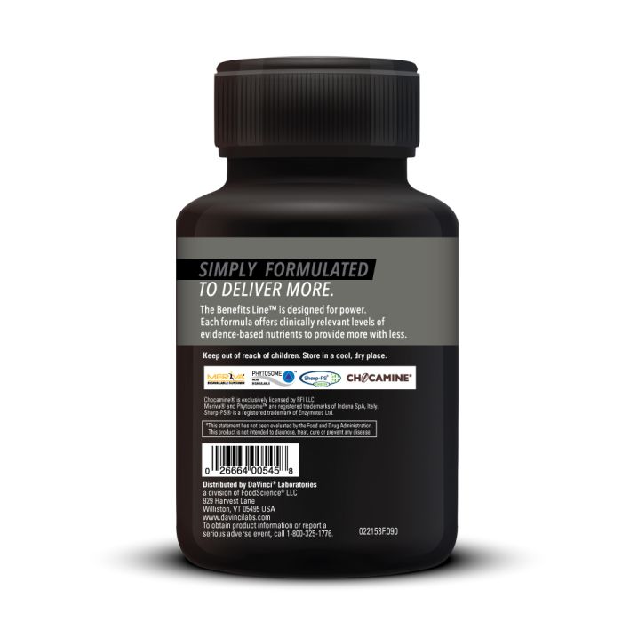 Black supplement bottle with detailed text on a white background