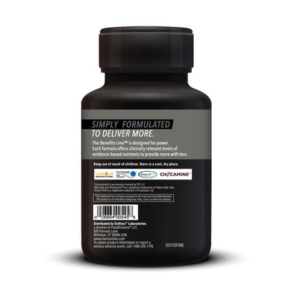 Black supplement bottle with detailed text on a white background