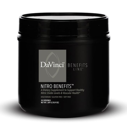 A black plastic container of DaVinci Labs Nitro Benefits, with a label that includes the product name and benefits listed.