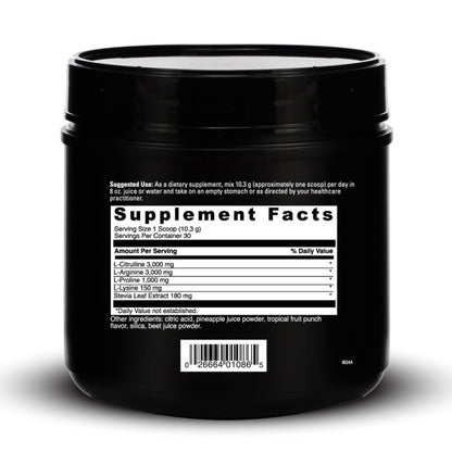 Black supplement container with white text displaying supplement facts.
