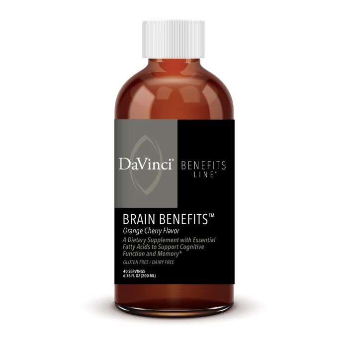 A bottle of DaVinci Labs Brain Benefits dietary supplement with a black and clear label, orange liquid visible inside the bottle, and a white cap.
