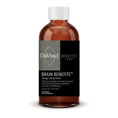 A bottle of DaVinci Labs Brain Benefits dietary supplement with a black and clear label, orange liquid visible inside the bottle, and a white cap.