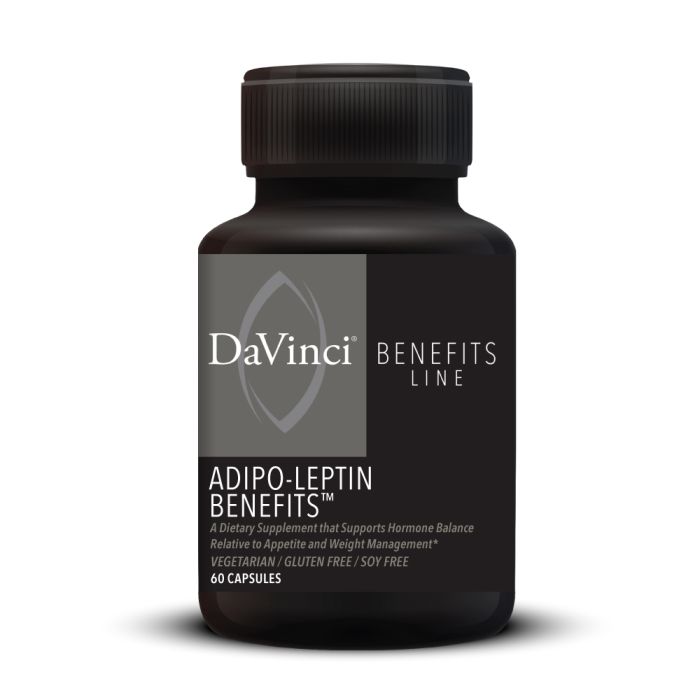A bottle of DaVinci Labs Adipo-Leptin Benefits, containing 60 capsules for weight management and hormonal balance.