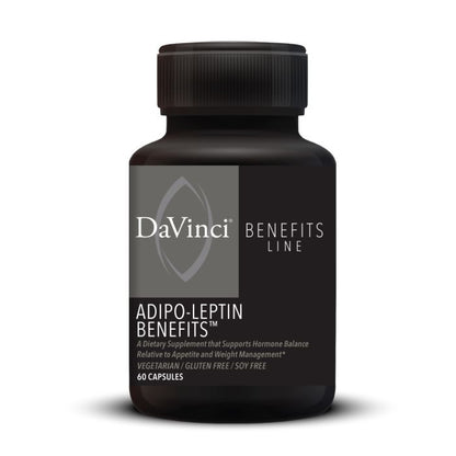 A bottle of DaVinci Labs Adipo-Leptin Benefits, containing 60 capsules for weight management and hormonal balance.