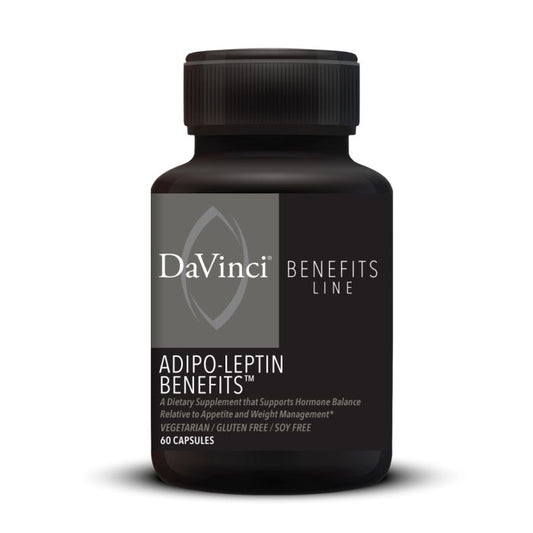 A bottle of DaVinci Labs Adipo-Leptin Benefits, containing 60 capsules for weight management and hormonal balance.