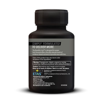 Black supplement bottle with label on a white background