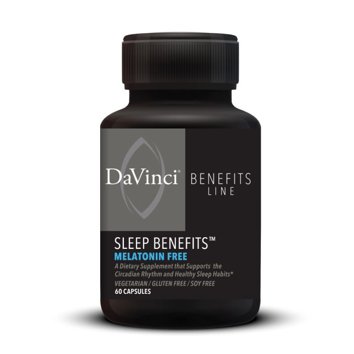 A bottle of DaVinci Labs Sleep Benefits Melatonin Free supplement, featuring black and gray labeling with text and branding.