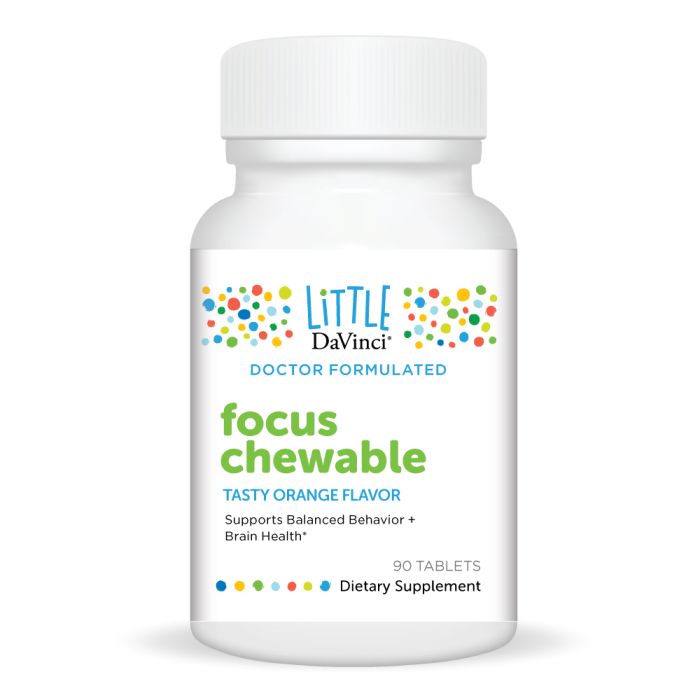 A bottle of DaVinci Laboratories' Focus Chewable tablets with tasty orange flavor, formulated to support balanced behavior and brain health. The bottle label features the product name, quantity of 90 tablets, and highlights that it is a dietary supplement.