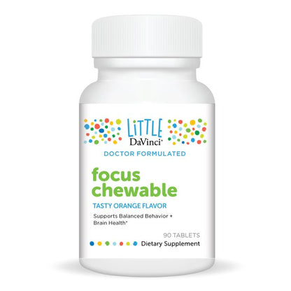 A bottle of DaVinci Laboratories' Focus Chewable tablets with tasty orange flavor, formulated to support balanced behavior and brain health. The bottle label features the product name, quantity of 90 tablets, and highlights that it is a dietary supplement.