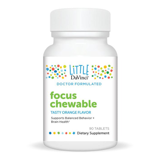 A bottle of DaVinci Laboratories' Focus Chewable tablets with tasty orange flavor, formulated to support balanced behavior and brain health. The bottle label features the product name, quantity of 90 tablets, and highlights that it is a dietary supplement.