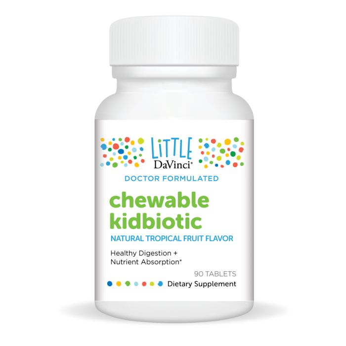 A bottle of Davinci Labs Chewable KidBiotic in natural tropical fruit flavor, with 90 chewable tablets formulated to support healthy digestion and nutrient absorption.